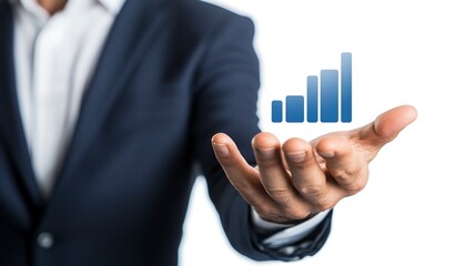 Person in Blue Suit Presenting a Rising Bar Graph