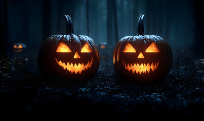 Obraz premium Spooky Halloween Pumpkins Glowing in Dark Forest at Night