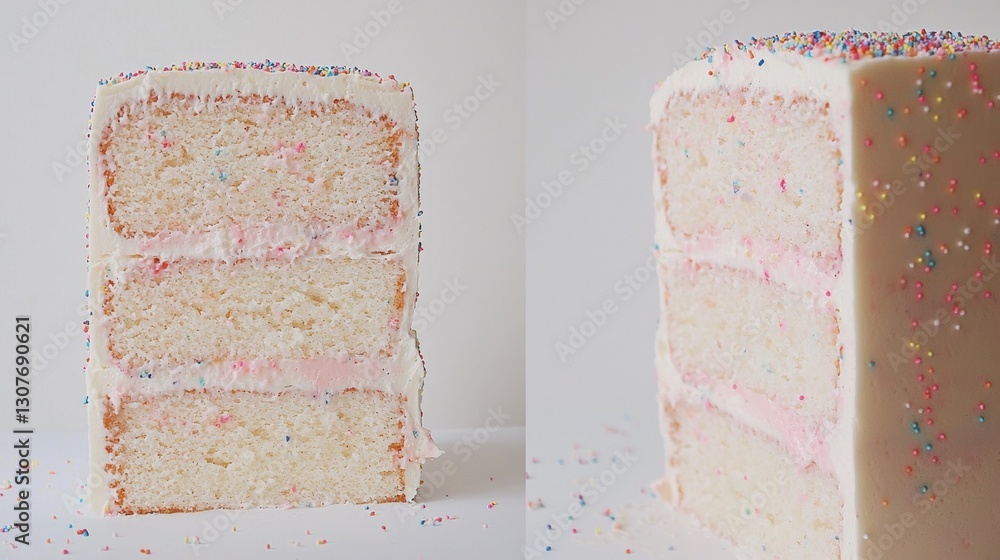Poster side-by-side comparison of a slice of cake. the cake is a three-tiered cake with a white frosting on