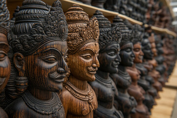 Obraz premium Wooden carvings of ancient Indian deities and demons showcase intricate craftsmanship and cultural heritage. These detailed sculptures reflect artistry and traditions of India