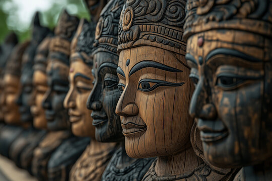 Wooden carvings of ancient gods and goddesses showcase intricate details and craftsmanship, reflecting cultural heritage and artistry