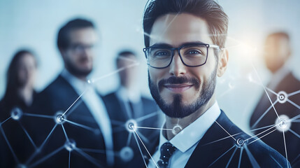 A visionary entrepreneur managing a group of professionals with thin, strategic lines linking them, representing business control, networking, and structured teamwork.