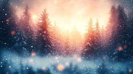 Naklejka premium Magical winter forest glows warmly under soft sunlight falling snow. AI Generated