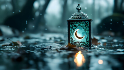 Ramadan lantern in a misty forest stream, reflecting light, autumn leaves, peaceful mood, ideal for greeting cards or religious websites