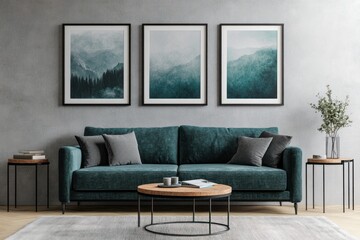 Obraz premium Teal velvet sofa in a modern living room with framed nature prints.