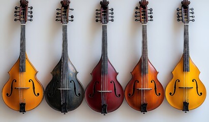 Fototapeta premium Colorful Collection of Vintage String Instruments Displayed on a Wall
