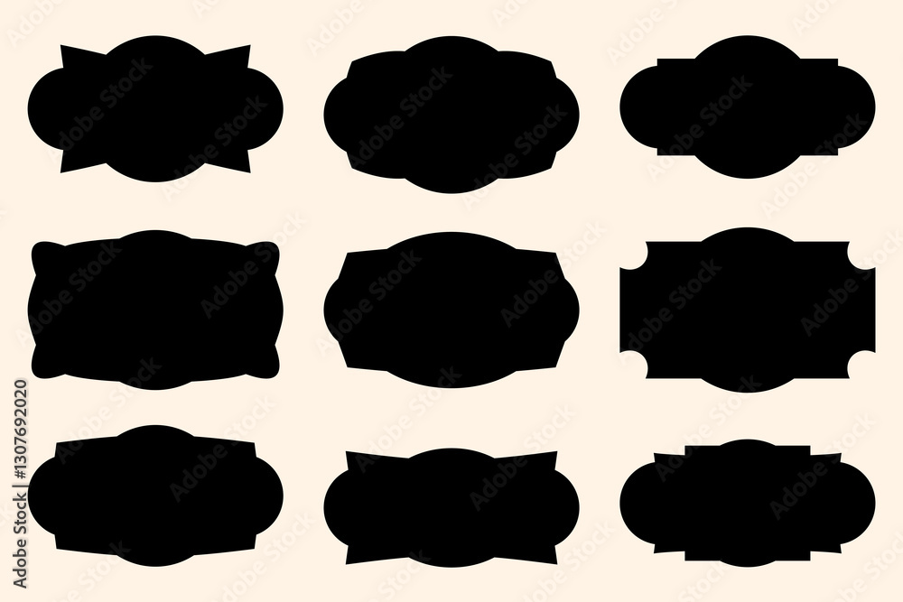 Poster set of nine black vector labels with vintage shapes on a light background. ideal for product packagi