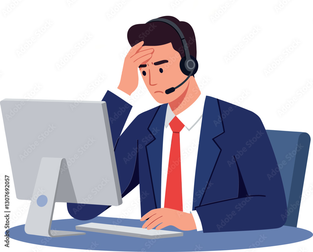 Poster frustrated customer service representative in a suit using a headset at a computer desk vector illus