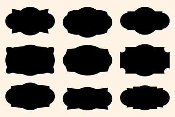 Set of nine black vector labels with vintage shapes on a light background. Ideal for product packaging, branding, and design projects. High-quality vector illustration with editable shapes.