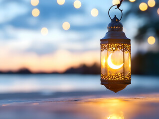 Ramadan Lantern Sunset Beach - Festive crescent moon glows inside an ornate hanging lantern at dusk on a tranquil beach, bokeh lights in background. Ideal for religious holidays, celebrations