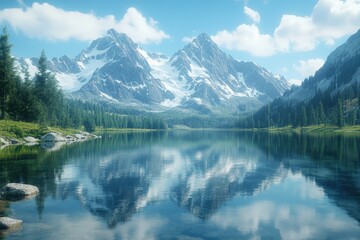 Serene mountain lake reflecting snow-capped peaks under a bright sky.