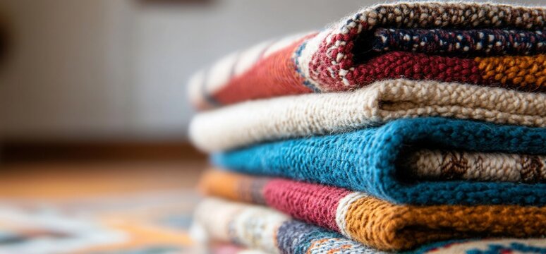 Colorful Knitted Blankets Stack Cozy Home Decor Textiles - Powered by Adobe