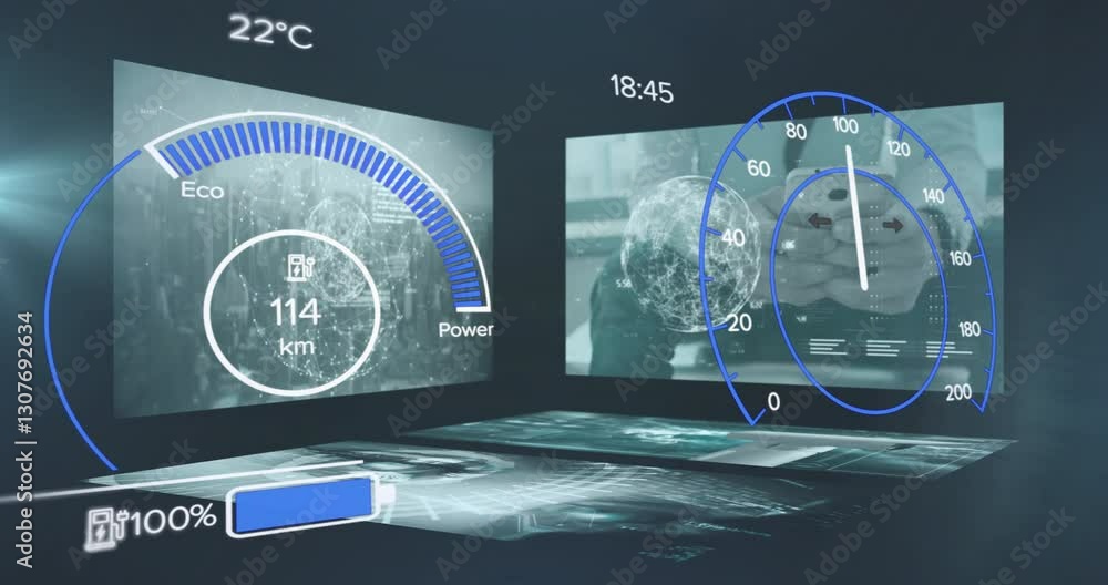 Poster displaying animation of futuristic dashboard with speedometer, battery, temperature levels