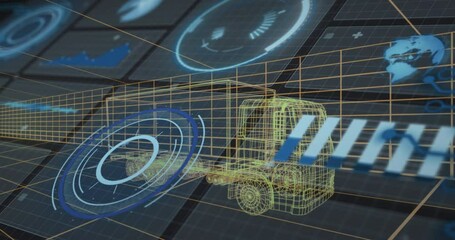 Animation of truck digital wireframe with futuristic technology interface elements - Powered by Adobe