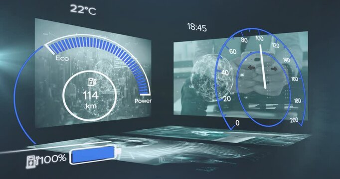 Displaying animation of futuristic dashboard with speedometer, battery, temperature levels