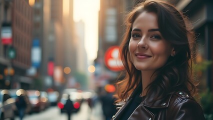 Fototapeta premium Attractive woman in urban setting with soft lighting and confident smile