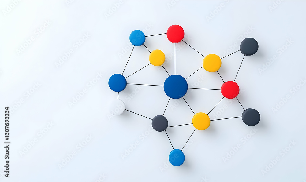 Poster colorful network nodes connected with lines on minimal background