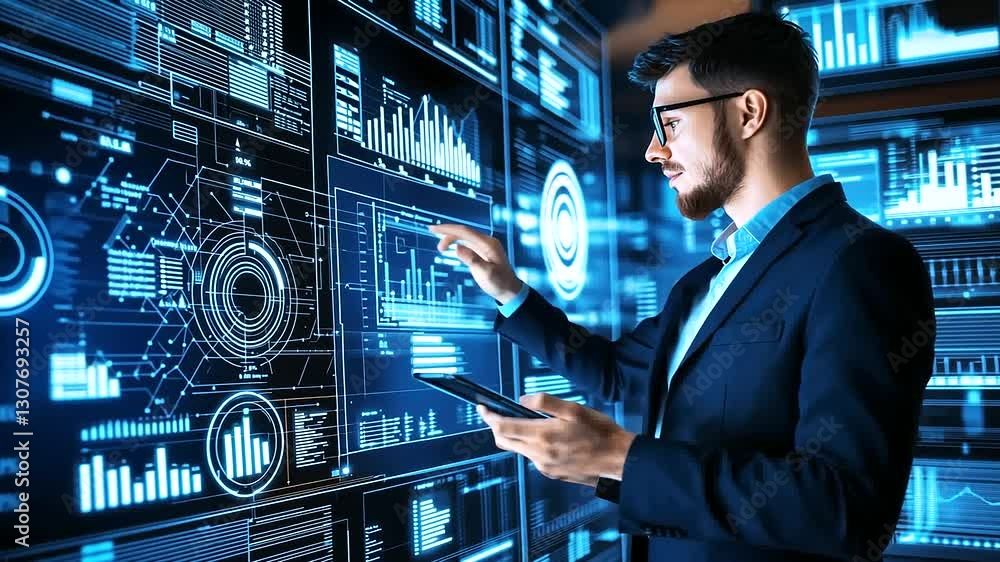 Aufkleber a data specialist optimizes systems using machine learning in a contemporary office setting.