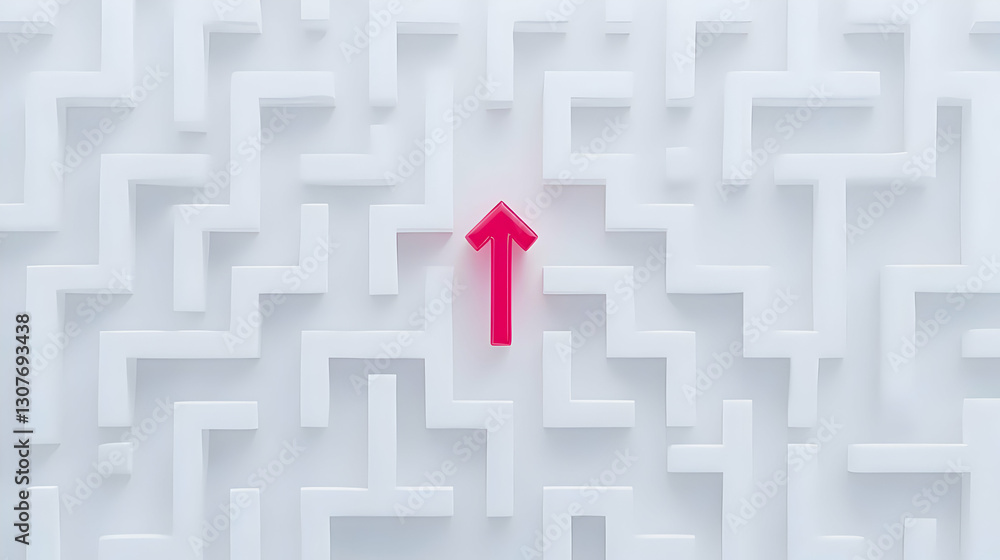 Poster red arrow above white maze design representing direction and guidance