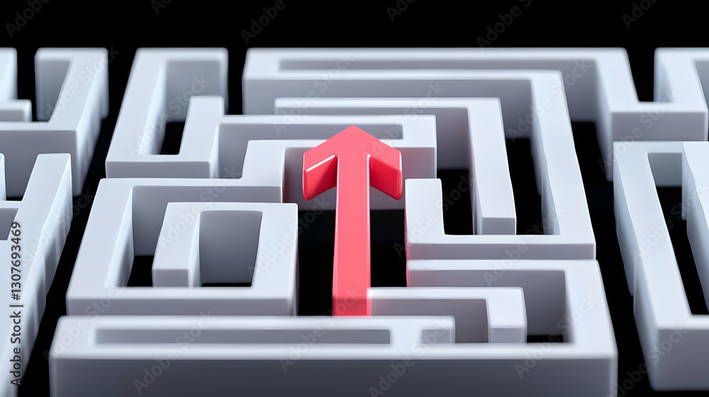 Poster bright red arrow navigating white labyrinth to find the exit