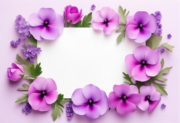 Rechteckiger Blumenrahmen aus lila und rosa Blüten mit zentralem Textfreiraum. Elegante Vorlage für Grußkarten und Einladungen. Generative KI.