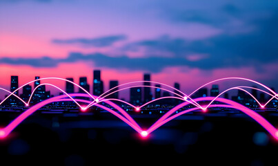 Vibrant City Skyline with Colorful Network Connection Lines at Sunset