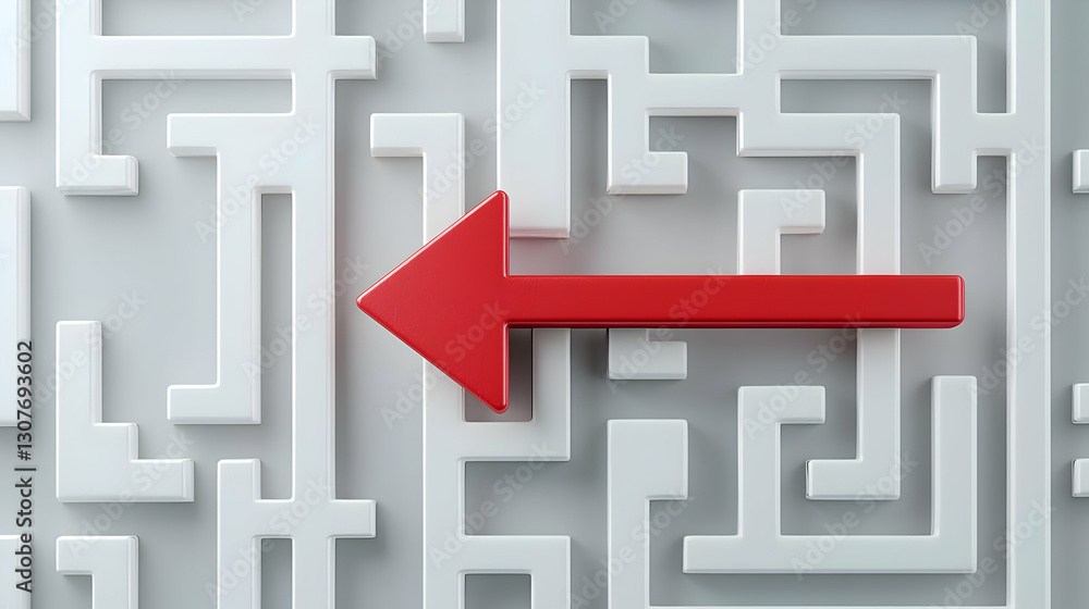 Poster red arrow in a complex white maze symbolizing direction and choice
