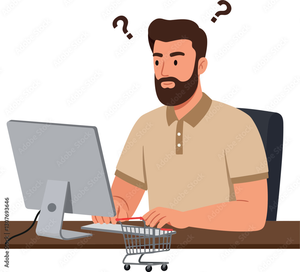Poster a confused man sitting at a desk with a computer and shopping cart in a flat vector illustration