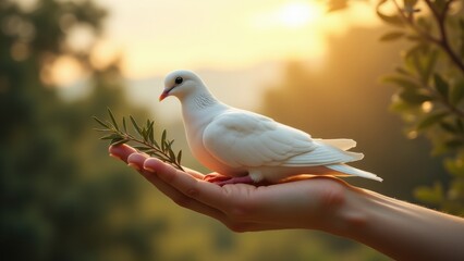 Obraz premium Witness #palm sunday grace as a calm #dove with branch finds solace upon an open palm