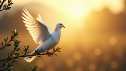 Fototapeta premium Honor #palm sunday glow as a radiant #dove with branch stands in peaceful warmth