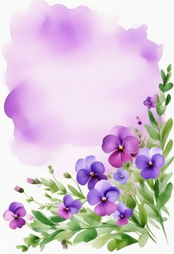 Aquarellillustration mit violetten Blumen und gr&uuml;nem Laub auf zartem Hintergrund &ndash; perfekt f&uuml;r Karten, Einladungen oder Poster.  Textfreiraum. Generative KI