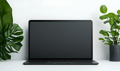 Modern Laptop on Minimalist Desk Surrounded by Lush Green Plants