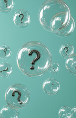 Transparent bubbles with question marks floating in turquoise background create sense of curiosity and wonder. bubbles symbolize inquiry and exploration