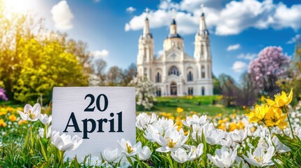 Beautiful spring day on April 20 with blooming flowers and a historic building in the background