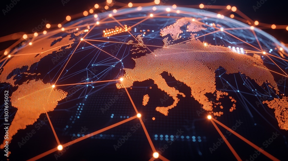 Poster a connected world map with glowing lines and cities