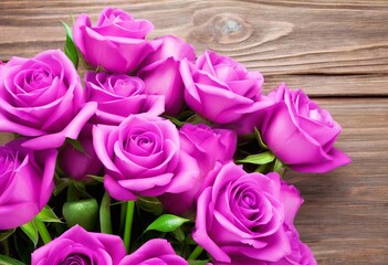 Ein Strauß aus leuchtend violetten Rosen liegt dekorativ auf rustikalem Holz – ein Symbol für Liebe, Eleganz und Stil. Generative KI