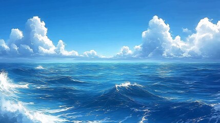 Fototapeta premium Serene ocean waves gently roll under a vibrant blue sky dotted with fluffy white clouds. AI Generated