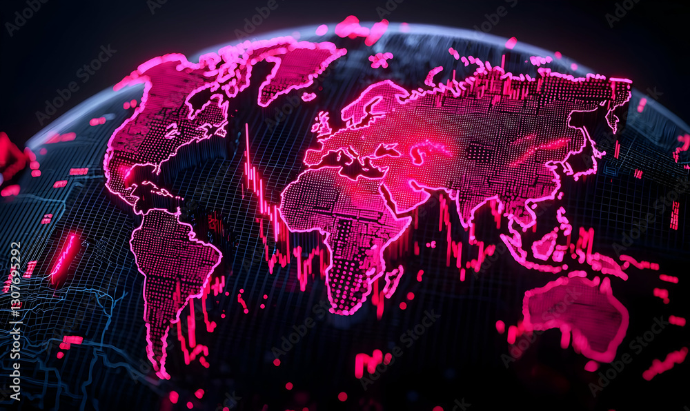Poster neon pink world map with data visualizations and digital effects