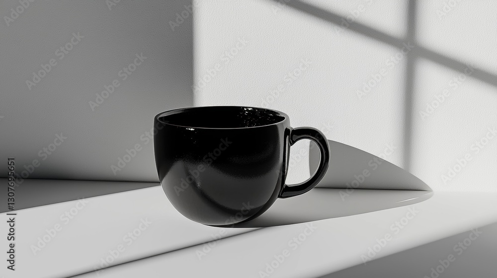 Poster black coffee mug sitting on a white surface. the mug has a handle on one side and a curved shape on 