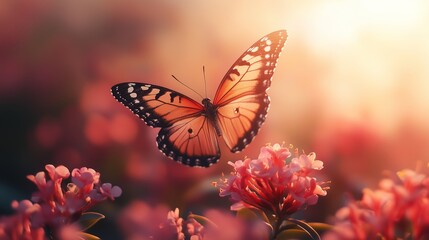 Obraz premium A delicate butterfly flies above vibrant pink flowers