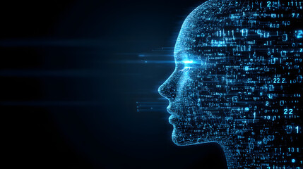A high-tech AI face made entirely of blue electric circuits, surrounded by a dark digital environment filled with binary numbers. A powerful visualization of machine learning, binary code background
