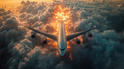 Fototapeta premium Cargo jet in flight over clouds aerial view aviation photography