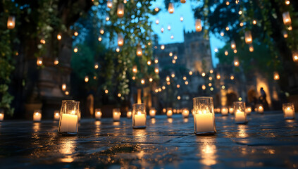 Romantic candlelit pathway at night, church backdrop, event ambiance, perfect for wedding invitations or travel brochures