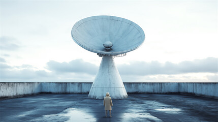 Large white satellite dish in open field under bright sky, used for communication and data collection. Concept of technology, exploration, and global connectivity with copy space.