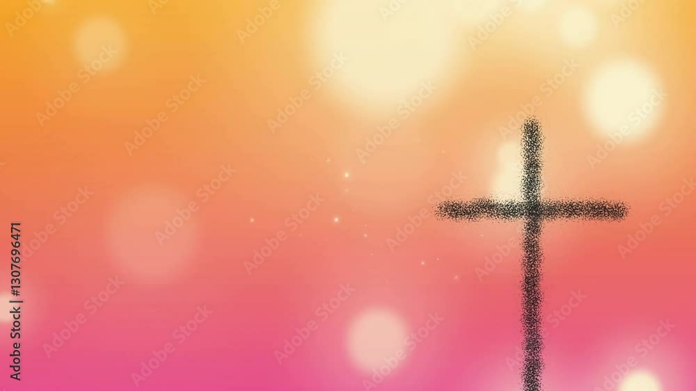 Poster animation of abstract cross design on vibrant pink-orange gradient with bokeh effect