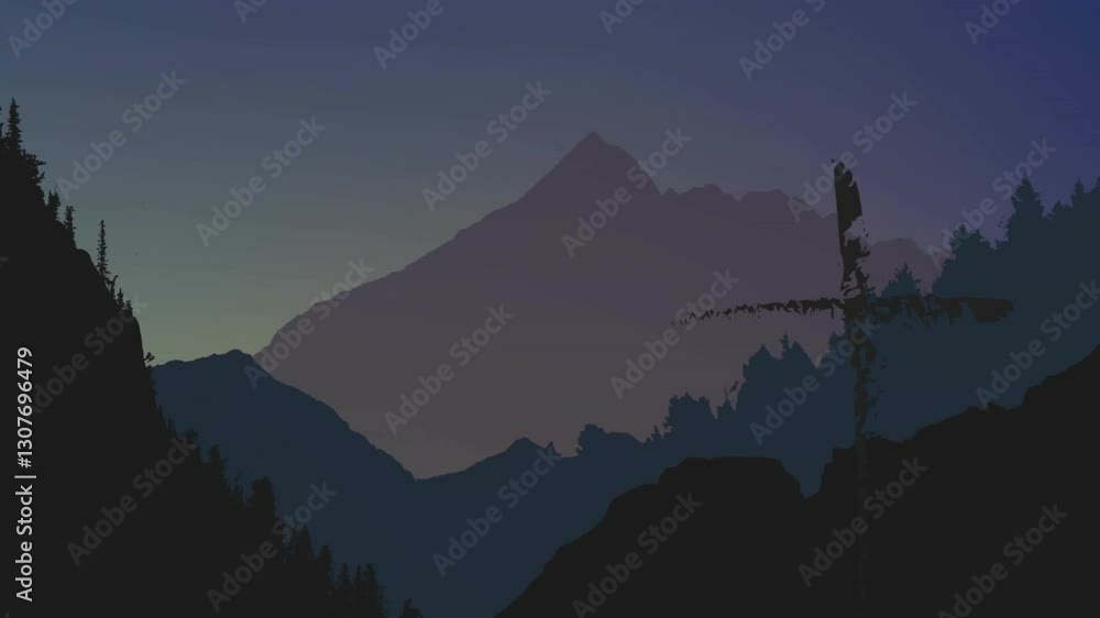 Poster silhouette of trees and mountains against twilight sky with animation effect