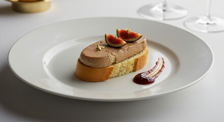 Gourmet foie gras appetizer on a white plate, with figs and sauce. Elegant gastronomy presentation for fine dining, luxury culinary experience.