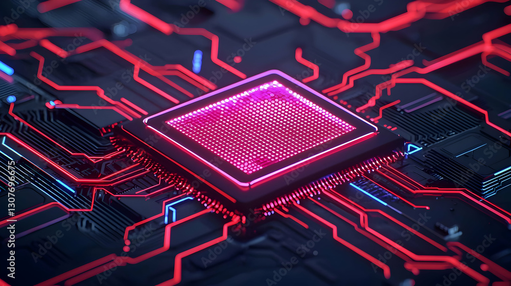 Poster futuristic microchip with glowing circuit board design in red