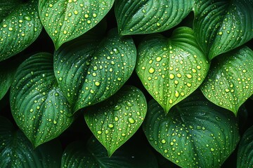 Obraz premium Lush green hosta leaves adorned with glistening water droplets after rainfall