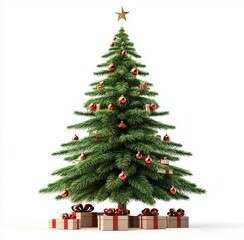 Fototapeta premium A beautifully decorated Christmas tree with baubles and gifts, isolated on a transparent background. PNG